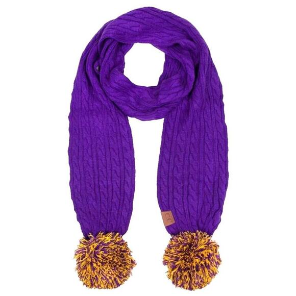 C. C Exclusives NWT College Game DayHigh School Purple Gold Pom Pom Scarf - Picture 1 of 5